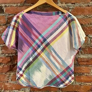 VINTAGE 80S IKAT PLAID COTTON BLOUSE XS